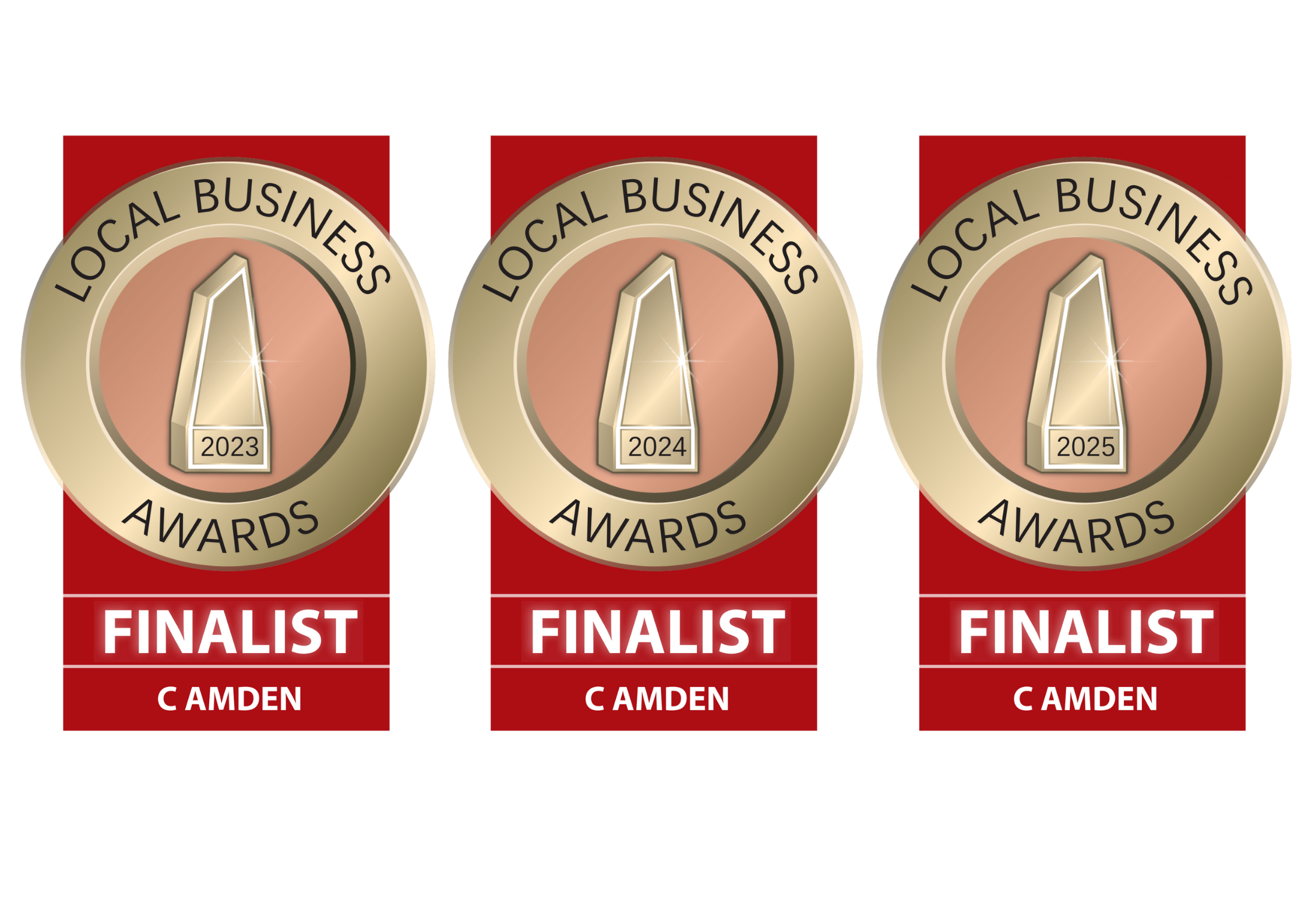 'Local Business Awards' finalist badges for the Camden area, showing a nomination as a finalist in 2023, 2024 and 2025.