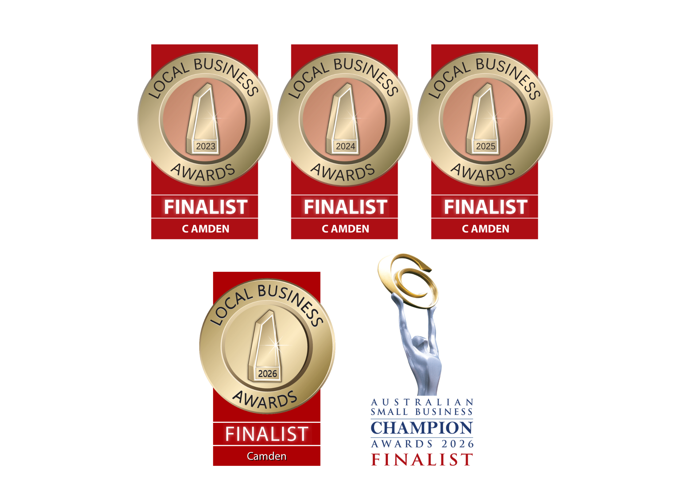 Five 'Finalist' badges from the Camden Local Business Awards and Australian Small Champions Awards on a white background.